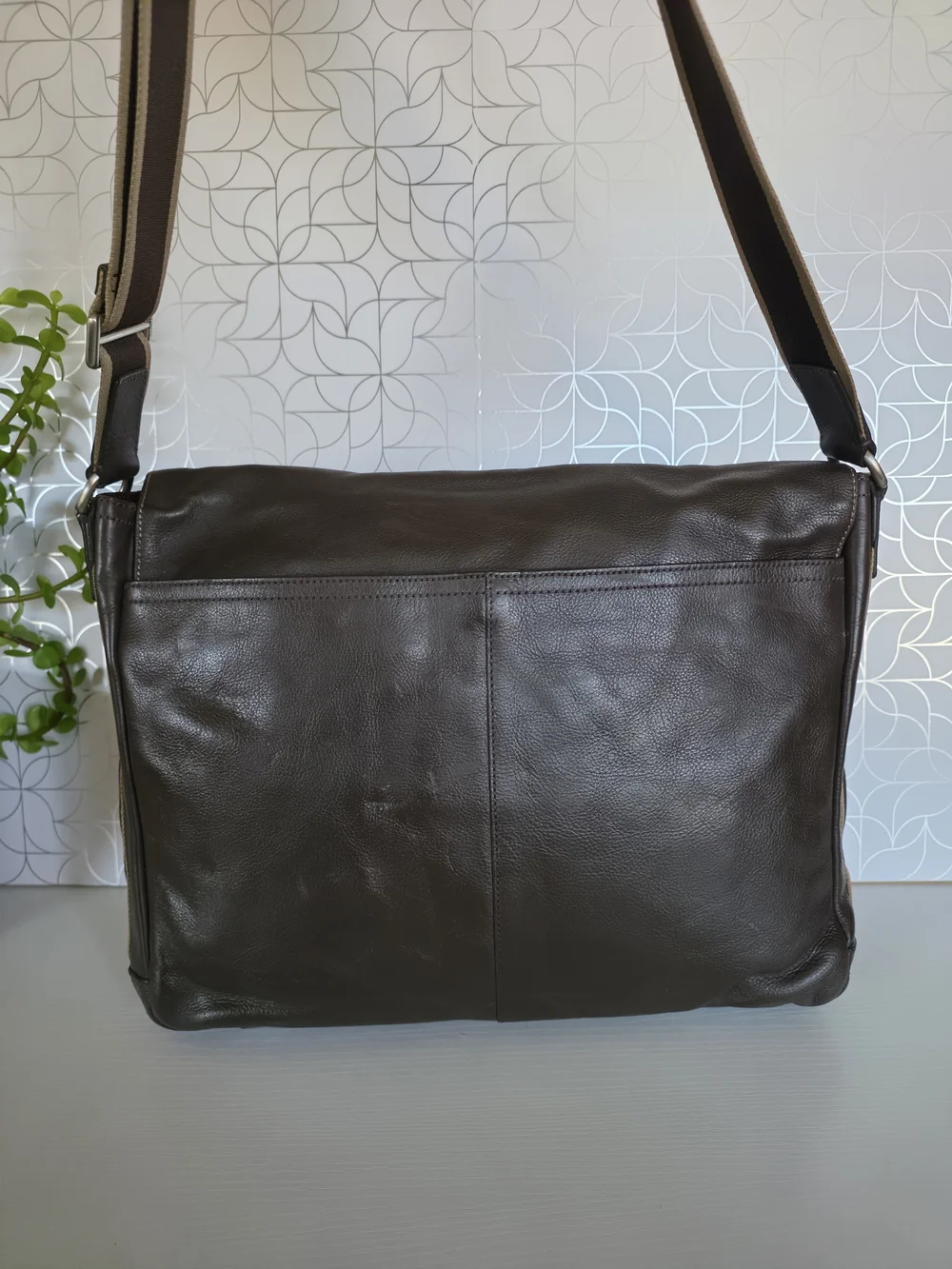 Coach Dark Brown Leather Messenger Bag with Striped Adjustable Strap